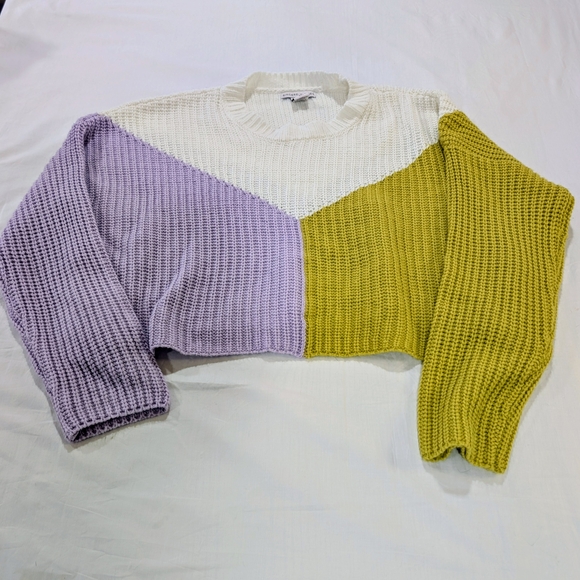 Sincerly Jules Sweaters - Trendy Colorblock Sweater - Cream, Purple, Yellow Crop Women's Large
